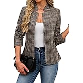 ELLEVEN Women's Plaid Blazer Open Front Stand Collar Houndstooth Suit Boyfriends Jacket for Work Casual