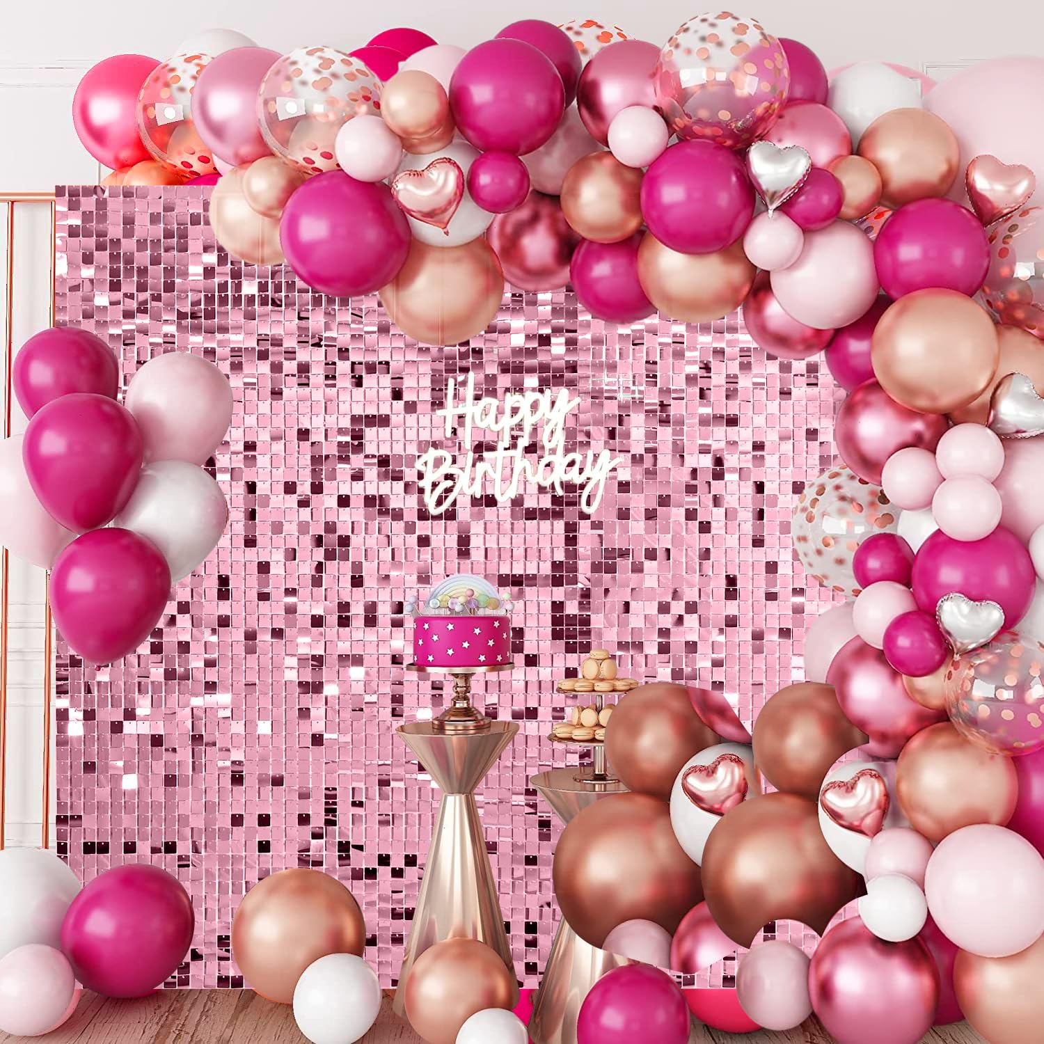 Photo 1 of  Pink Shimmer Wall Backdrop Panels for Party, Mjkeomo Pink Sequin Backdrop for Birthday Graduation Home Party Decorations Anniversary Wedding Christmas Decor