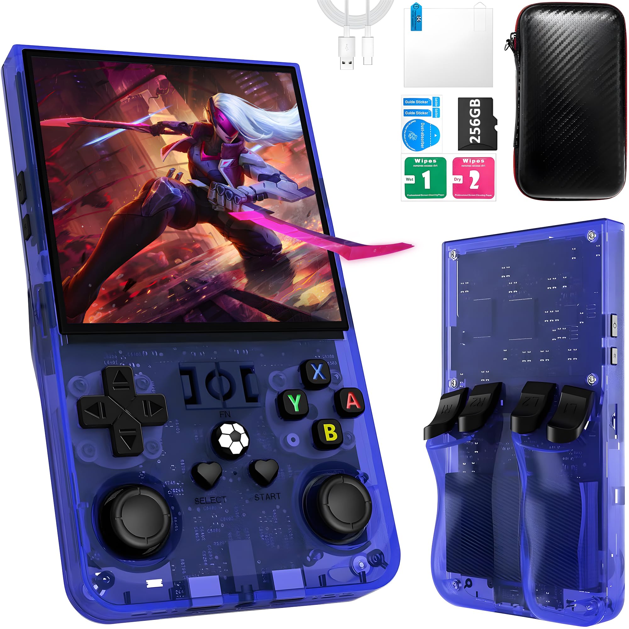 R36MAX Retro Handheld Game Console,Game Console with 256GB TF Card, 40000+ Classic Games,Game Console 4.0" IPS HD Screen 4000mAh Rechargeable Portable Video Console Pocket Arcade-Transparent Blue — image 1