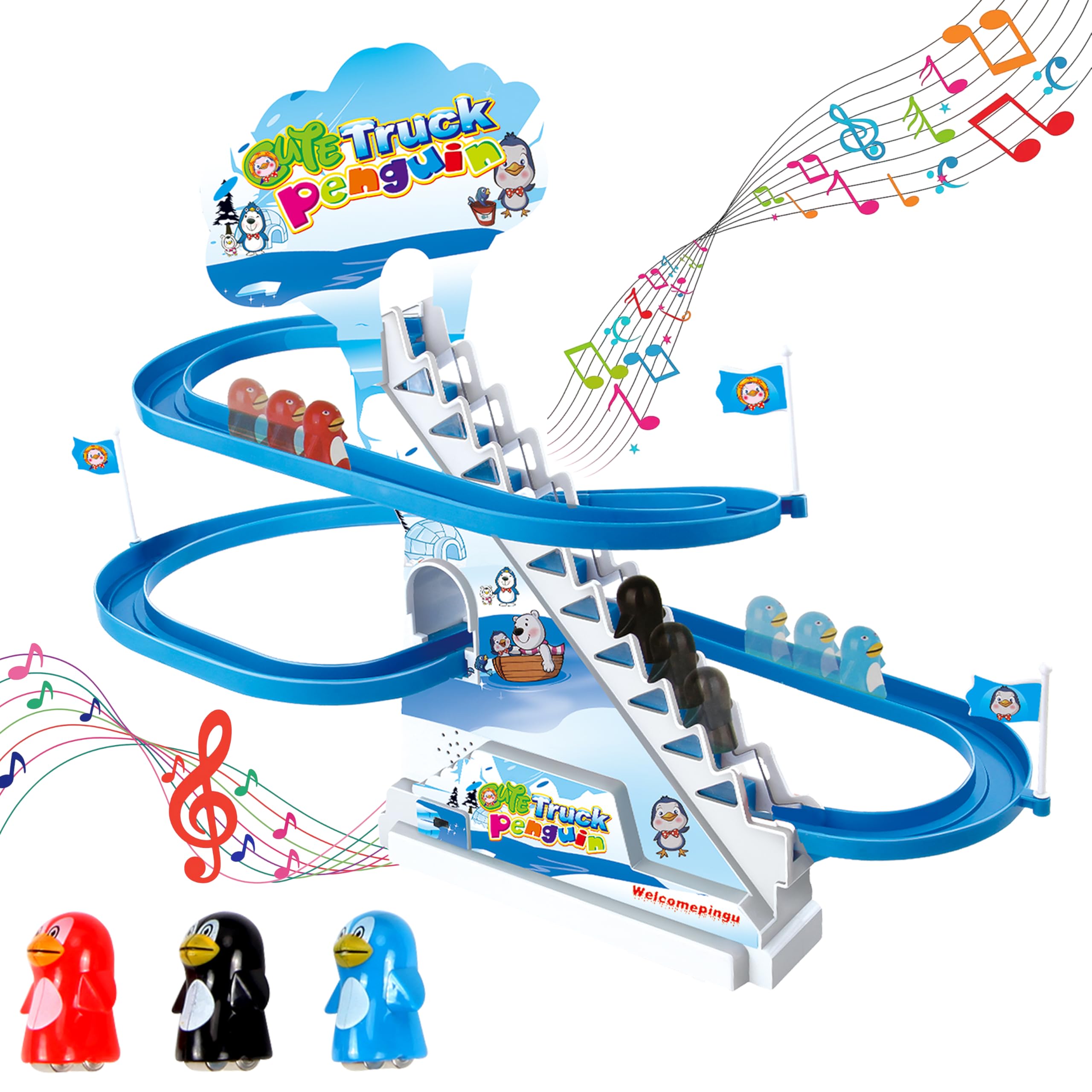 ARSUK Penguin Go Racer Track Toy, Kids Fun Playing Games with Slide & Music, Climbing Stairs Toys for Toddlers and Kids, Playful Roller Coaster Playset