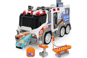 Hony Play Ambulance Toy Vehicle Toddler Truck Toys with Effect Sound, Includes CT Equipment, Stretcher Trolley, 2pcs Ejecting Race Cars, Birthday Gifts for 3 4 5 6 7 8 Years Old Boys Girls