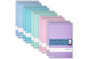 Better Office Products Steno Pads Spiral 6x9, 10 Pack, Gregg Ruled, 80 Sheets, Assorted Pastel Covers, Steno Notebooks Top Spiral for Note Taking