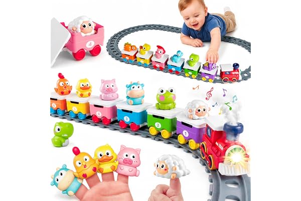 iPlay, iLearn Farm Train Toy Set for Toddlers 1-3, Kids Steam Musical Train | 12pcs Dinosaur Animal Finger Puppets, Matching 