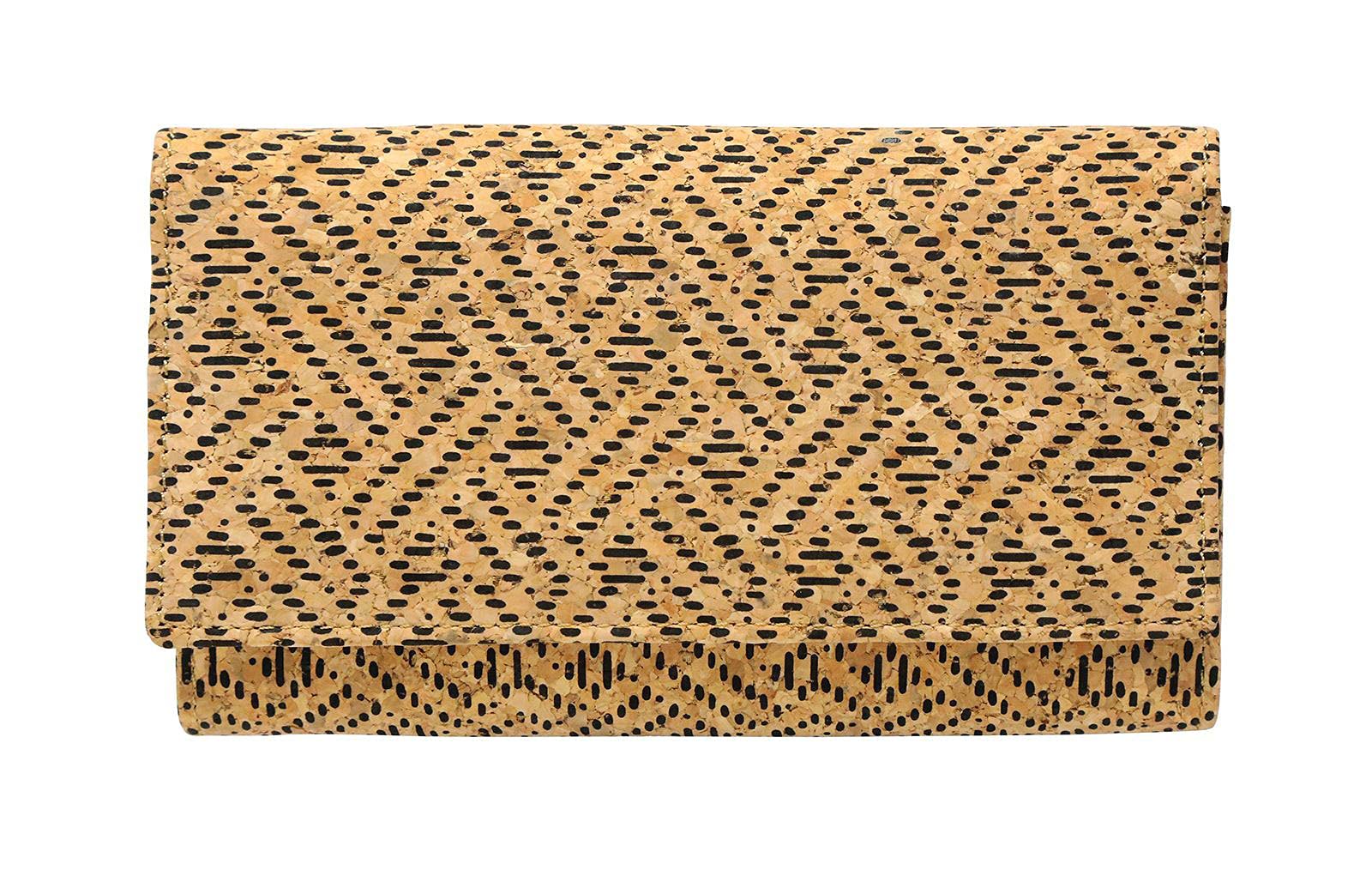 Hudson & James Ladies Designer Cork Vegan RFID Blocking Shield Compact Card Holder Wallet Purse Multi Card Women Clutch Wallet with Phone Pocket (Cork with Black Pattern)