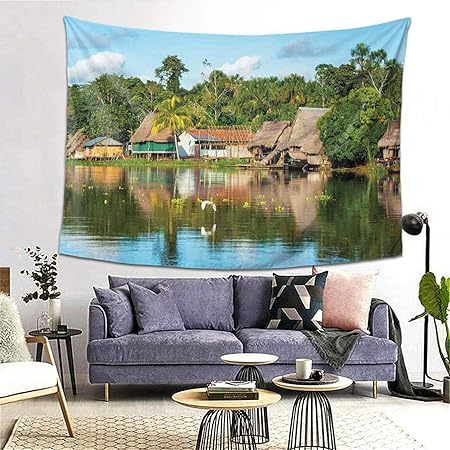 Amazon Co Jp Rosecny タペストリー インテリア 壁掛け 熱帯のアマゾン川沿いの村の小屋ヤシの木晴れた日雲鳥の森 壁飾り 家 リビングルーム ベッドルーム 部屋 おしゃれ飾り 0ｘ150cm Generic