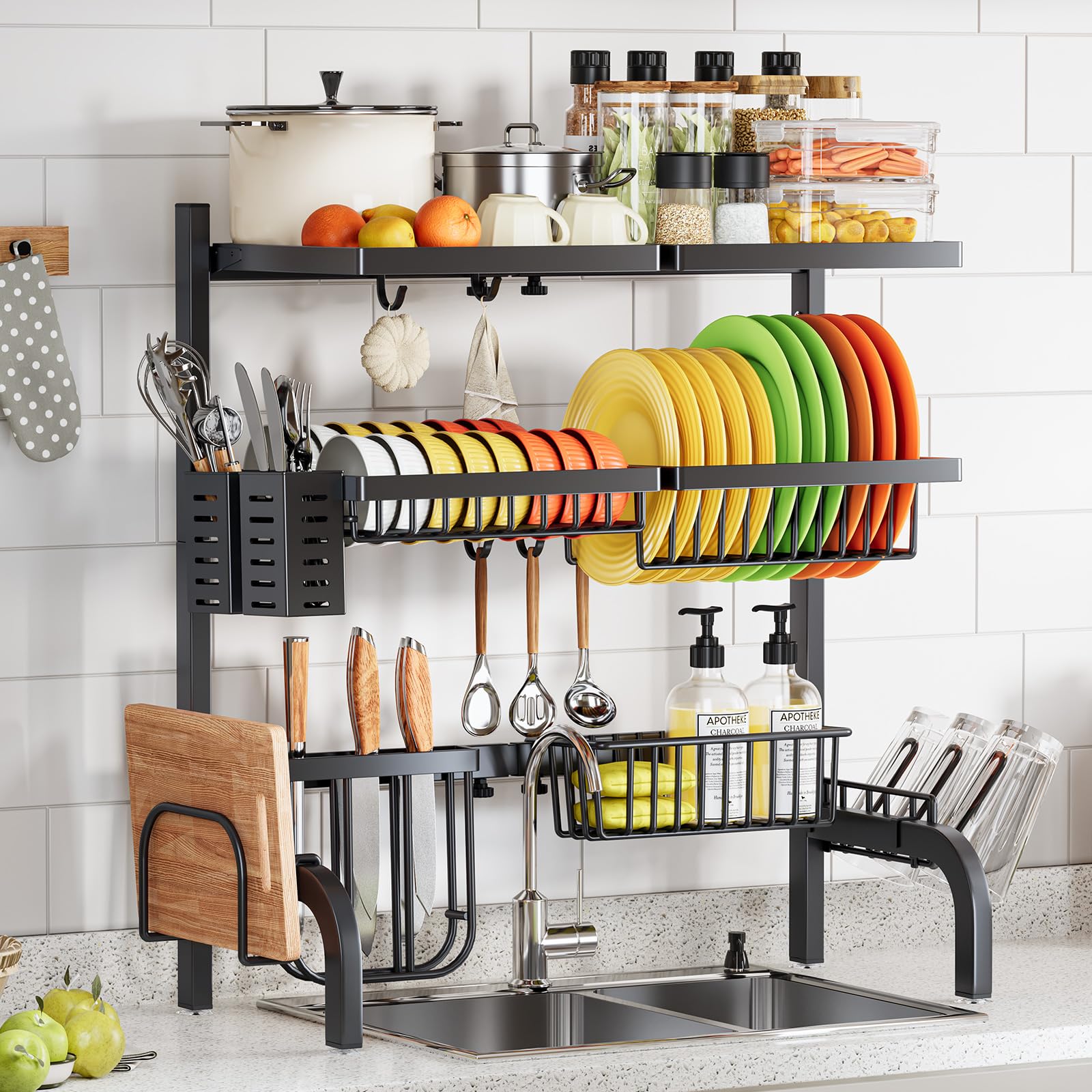 Photo 1 of Over The Sink Dish Drainer Drying Rack,Large Over Sink Dish Drying Rack,3 Tier Dish Rack Over Sink Counter with Storage Baskets,Above Sink Dryer Racks with Adjustable Size L(25.19"-37.4")*H30.9"