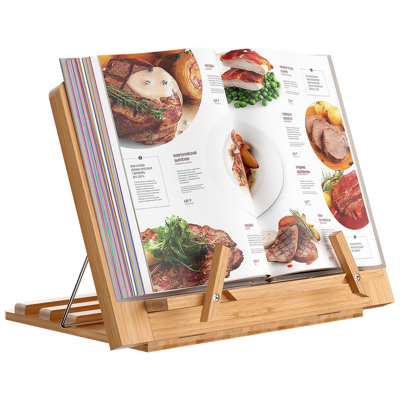 Bamboo Book Stand, Adjustable Reading Cookbook Holder Tray with Page Paper Clips, Foldable Tablet, Phone Stands for Office, Kitchen, Home- Pezin & Hulin