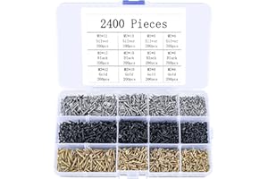 SYBDXJ 2400 Pcs M2 Small Screws Set, Flat Head Phillips Wood Screws, Tiny/Micro/Mini Self Tapping Cross Head Screws Assortment Kit for Electronic DIY Woodworking - Gold/Black/Silver