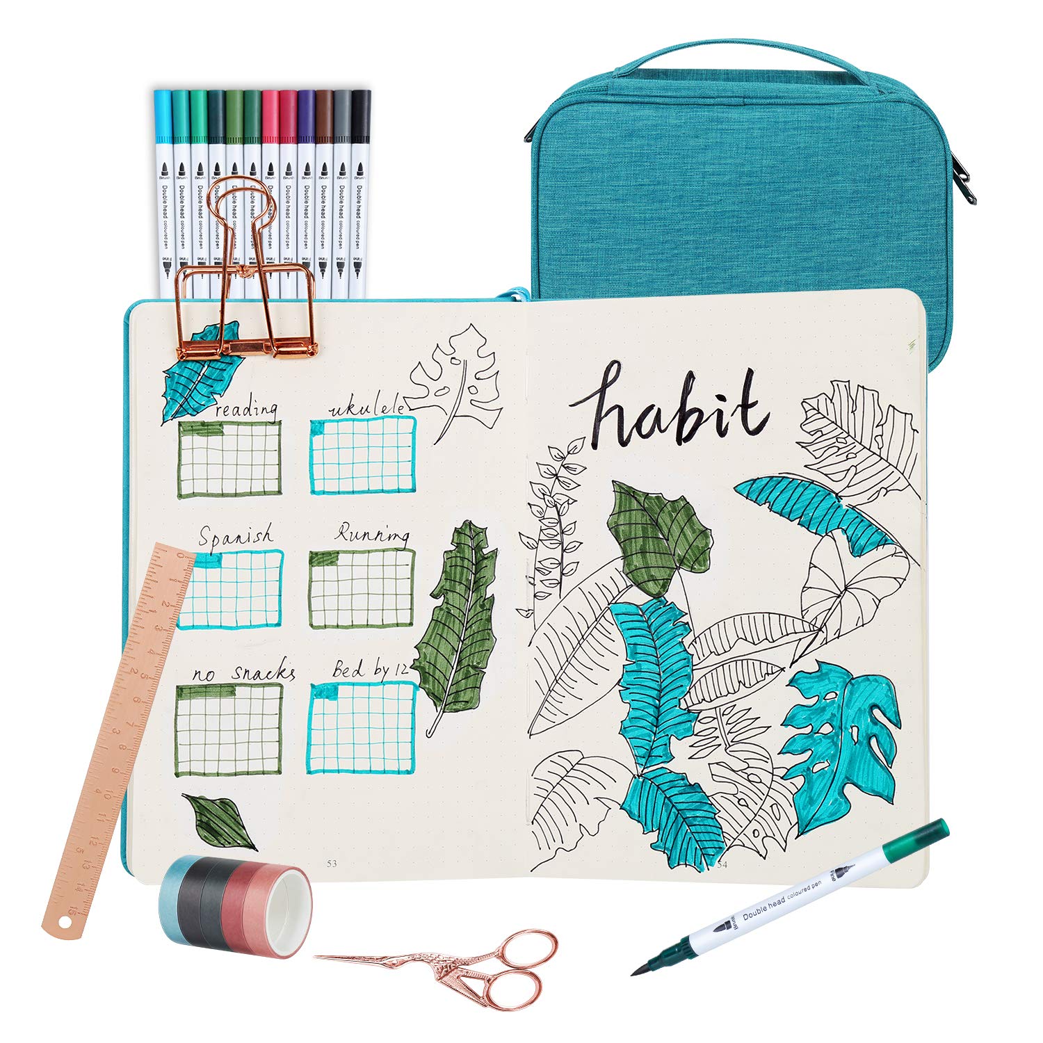 Bullet Dotted Journal Kit, Bujo Set with A5 140GSM No-Bleed Notebook, Markers for Adult Coloring, Organize Bag, Washi Tapes, Scissor, Clip, Ruler, Journal set for Diary Schedule Planner