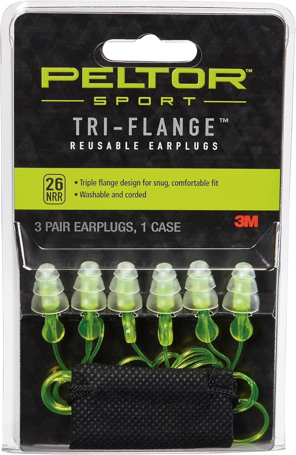 Peltor Sport Tri-Flange Corded Reusable Earplugs NRR 26dB 3-Pair Shooting