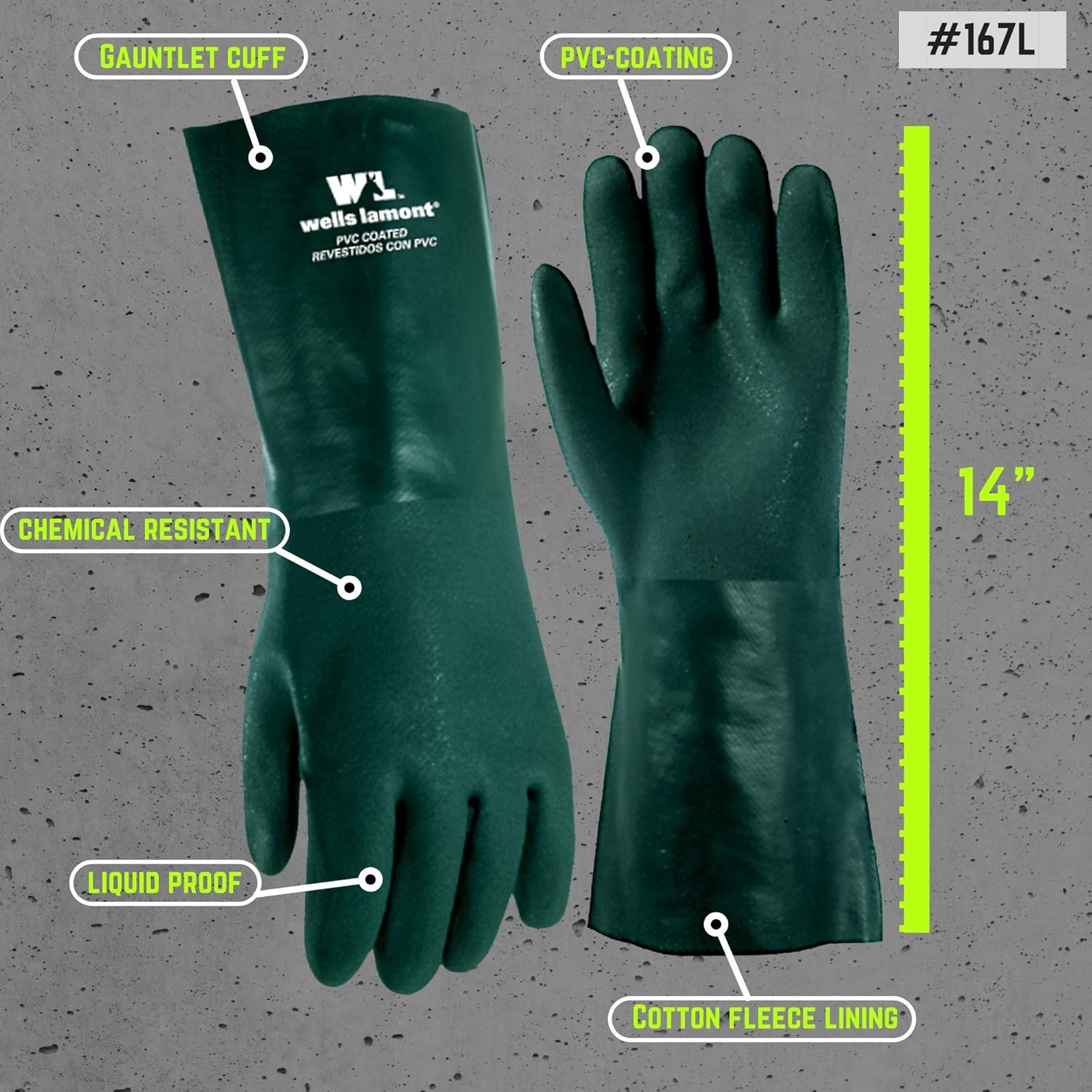 Heavy Duty PVC Chemical Gloves, One Size (Wells Lamont 167L) - Work Gloves - 