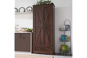 JXQTLINGMU 72" Tall Farmhouse Kitchen Pantry with Adjustable Shelves, Large Wood Storage Cabinet with Drawer & 2 Barn Doors, Versatile Storage for Kitchen, Dining Room, Brown