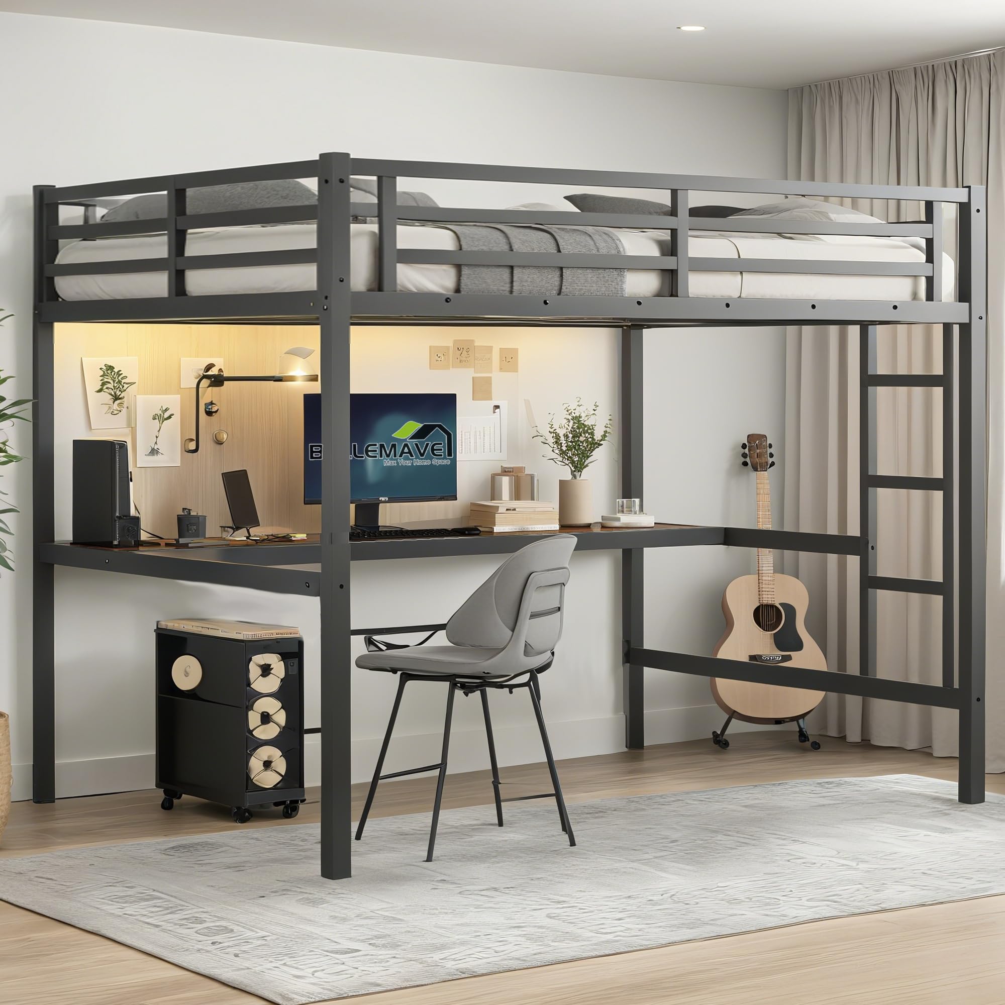 Photo 1 of Bellemave Full Size Loft Bed with Desk, Metal Full Loft Bed Frame with Built-in Ladder, LED Loft Beds with Charging Station & Safety Guardrails for Kids, Teens, Adults, Black