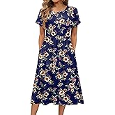 HOTOUCH Women's Summer A-Line Midi Dresses 2026 Casual Floral Short Sleeve T-Shirt Dress Flowy Beach Sundress with Pockets