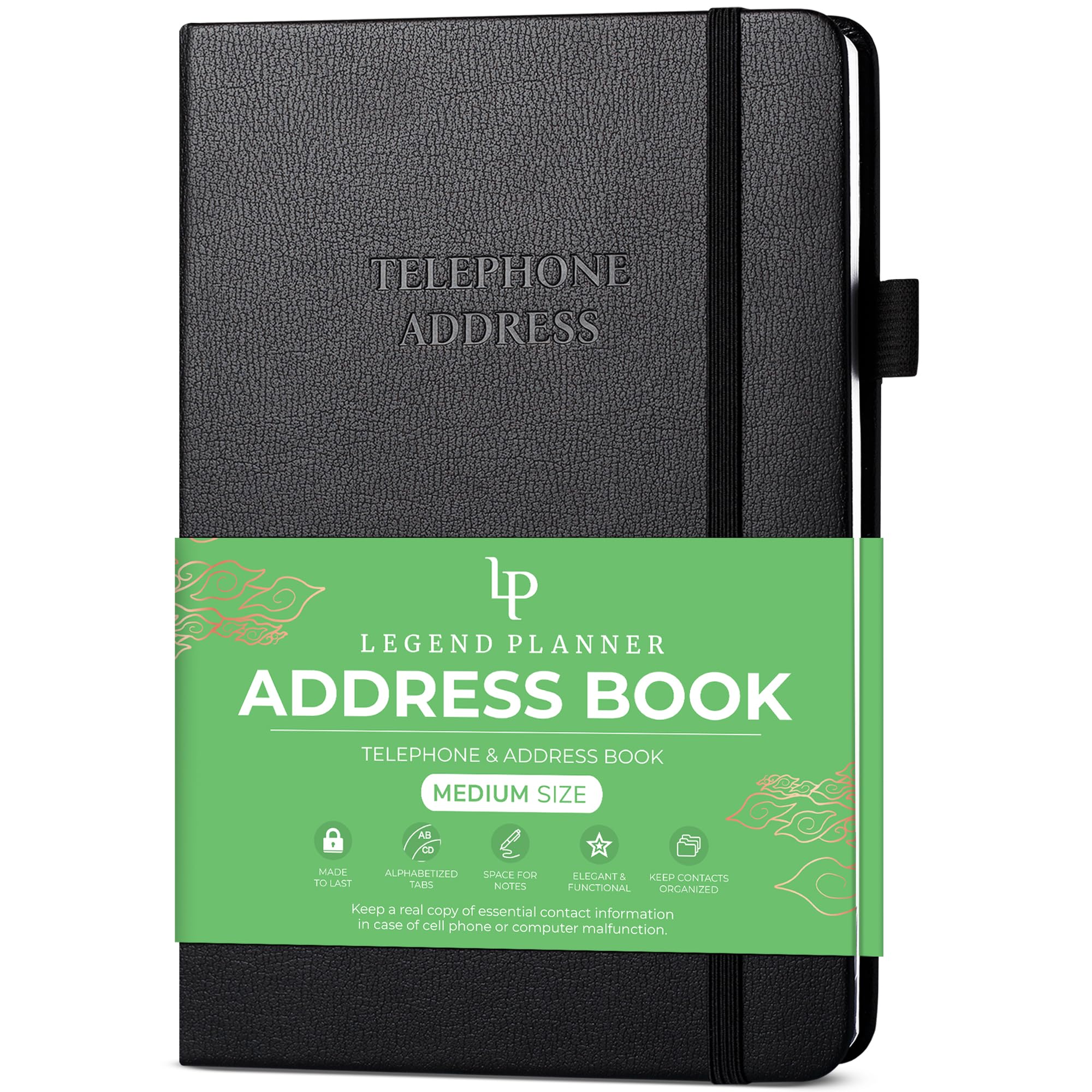Legend Planner Address Book with Alphabetical Tabs –Telephone Contacts Book for Phone Numbers, Addresses, Passwords, Medium (Black)