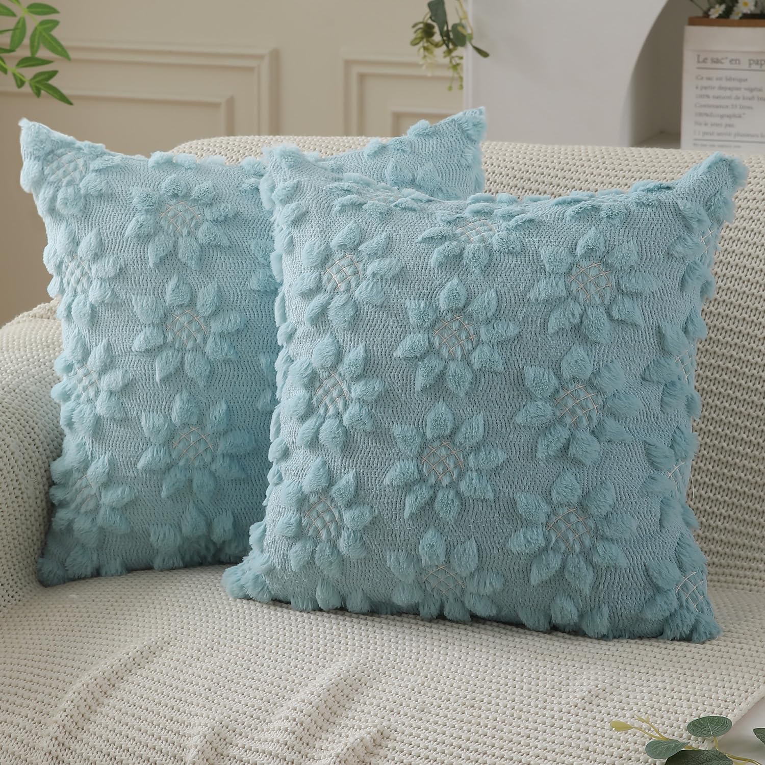 Photo 1 of ** FOR SMALLER PILLOWS**
DFXSZ Spring Summer Pillow Covers 18x18 inch Set of 2 Farmhouse Decor White Flower Heart Sunflower Blue Soft Plush Faux Fur Jacquard Throw Pillows for Sofa Holiday Spring Home Decor PTK024G18