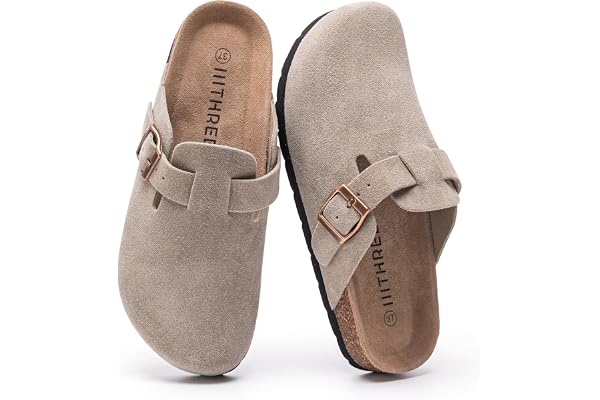 IIITHREE Women's Suede Clogs Cork Footbed Clogs for Women Soft Leather Adjustable Buckle Slip-on Potato Shoes Sandals
