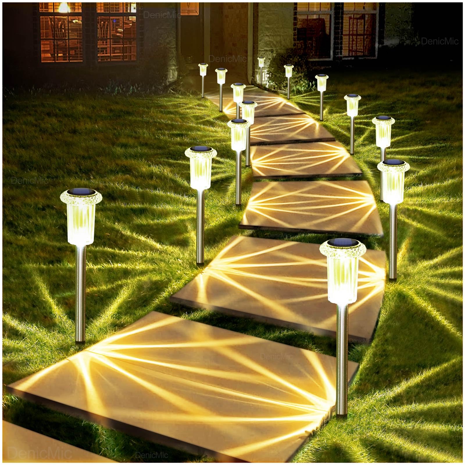 Photo 1 of DenicMic Solar Lights Outdoor 10 Pack Waterproof 3000K Warm White LED Stainless Steel Stake Outside Lights for Yard Pathway Garden Driveway Walkway Landscape Path Lighting