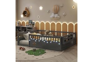 MIRIGHTONE Floor Bed for Kids, Full Size Montessori Bed with High Fence Railings, Wood Playhouse Beds with Rails, Light & Storage for Baby Boys Girls Teens, No Slats Included, Gray