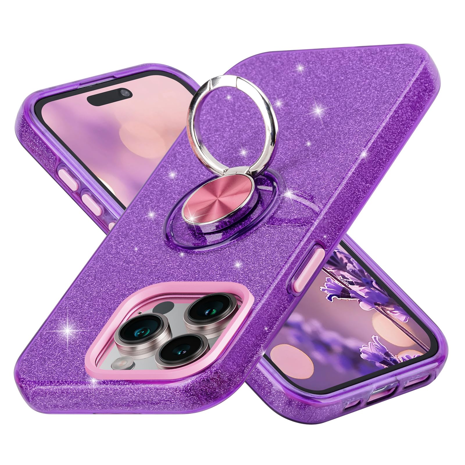 wisdompro Case for iPhone 15 Pro Max, Cute Glitter Bling Sparkle Protective Case with Ring Kickstand, Women Girls Phone Cover for iPhone 15 Pro Max 6.7 Inch- Purple