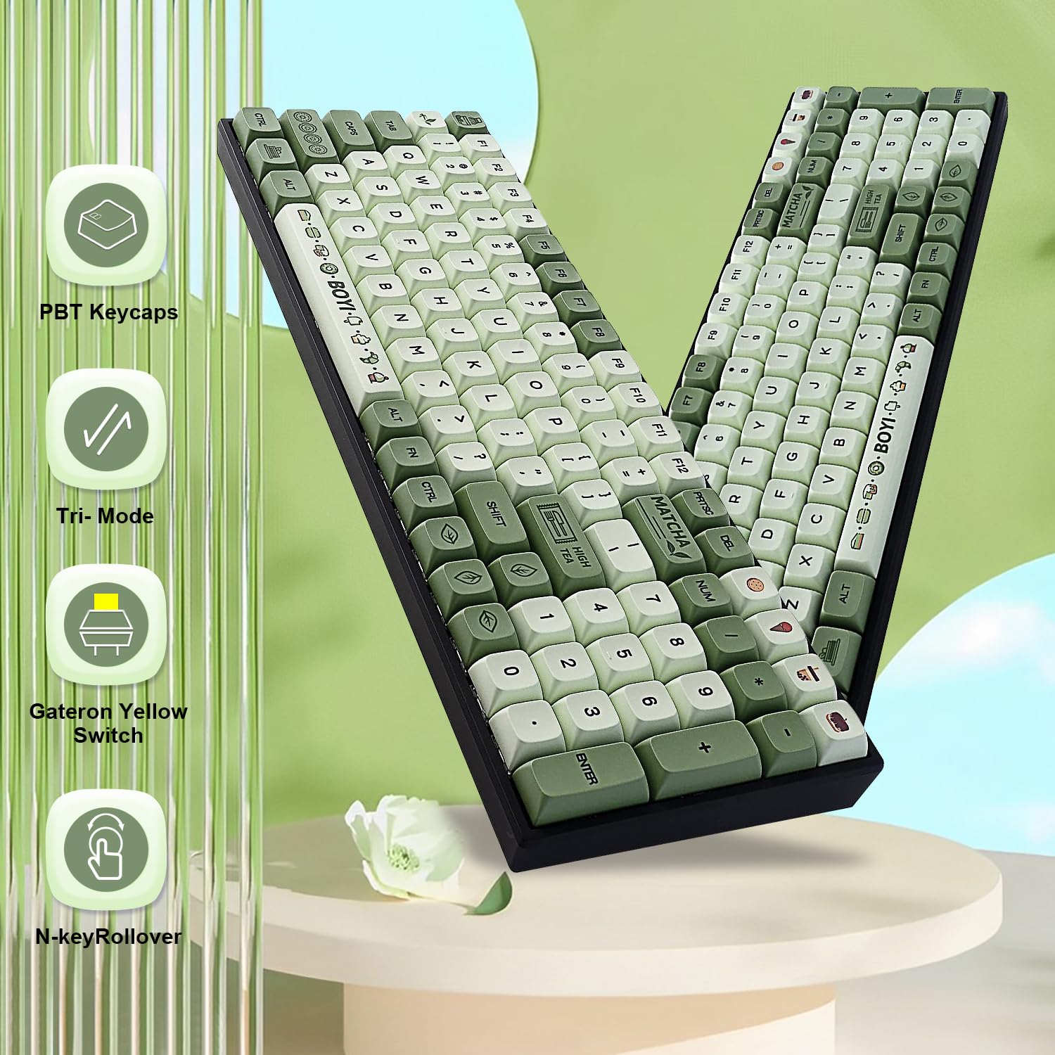 BOYI TK96 RGB Mechanical Keyboard,Wireless BT5.0/2.4Ghz/Type-c Wired Hot Swap Gateron Yellow Switch,100 Keys N-Key Rollover Matcha Green XDA PBT Keycaps for Working&Gaming