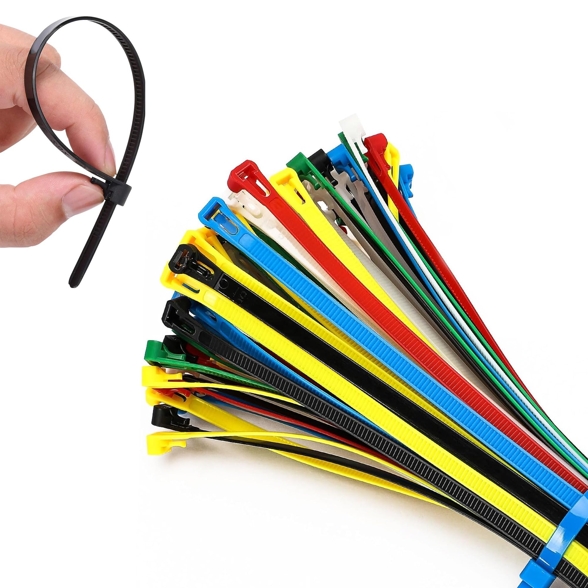 100 Pcs Colorful Reusable Cable Ties 200mm/8 Inch - Plastic Zip Ties for Home, Garden, Office (Black, White, Red, Yellow, Blue, Green)