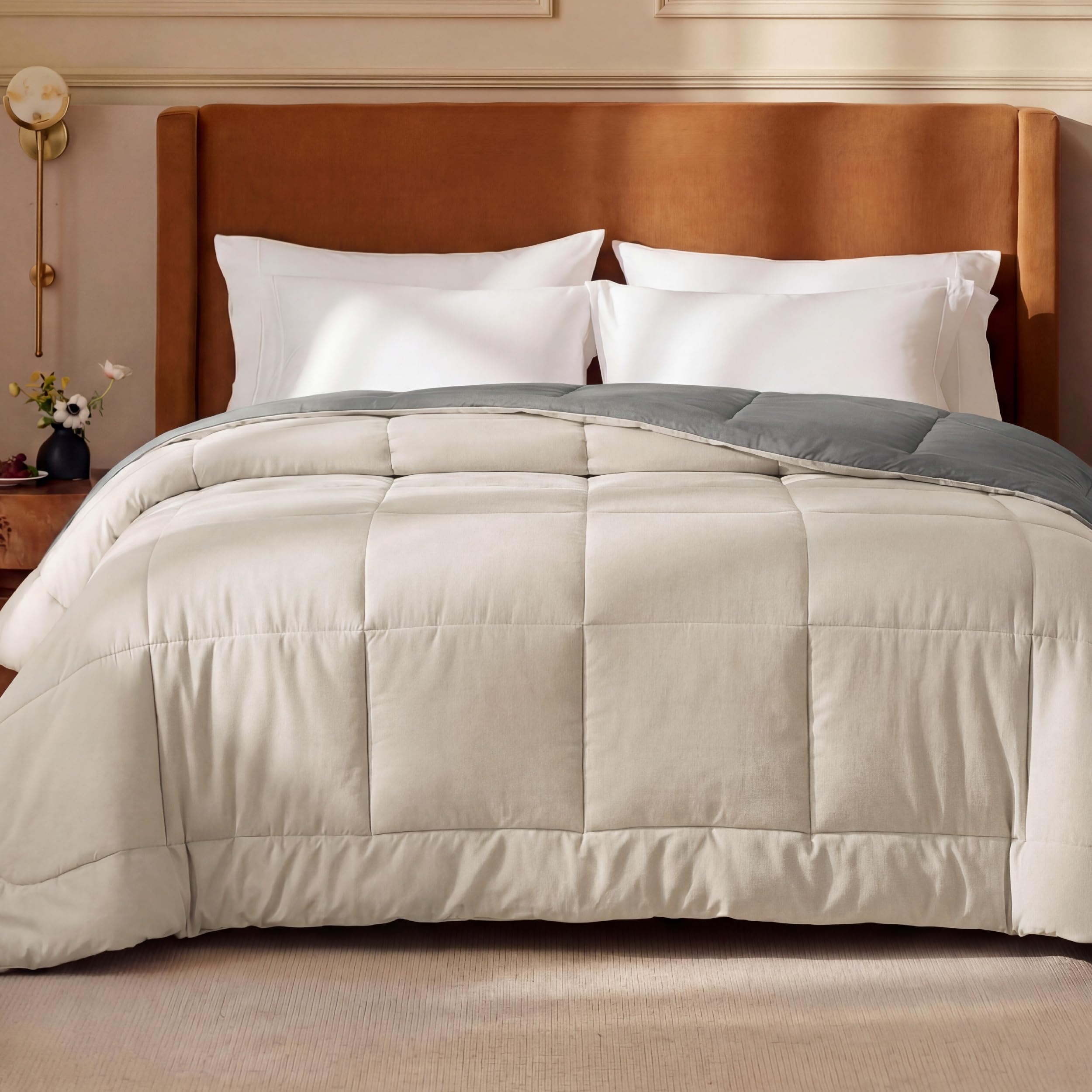 Bedsure Comforters Queen Size Duvet Insert, Quilted Down Alternative Comforter, Ultra Soft Lightweight Comforter Blanket for Bed, with 8 Tabs, Machine Washable, 88x88 in, Beige/Grey Image