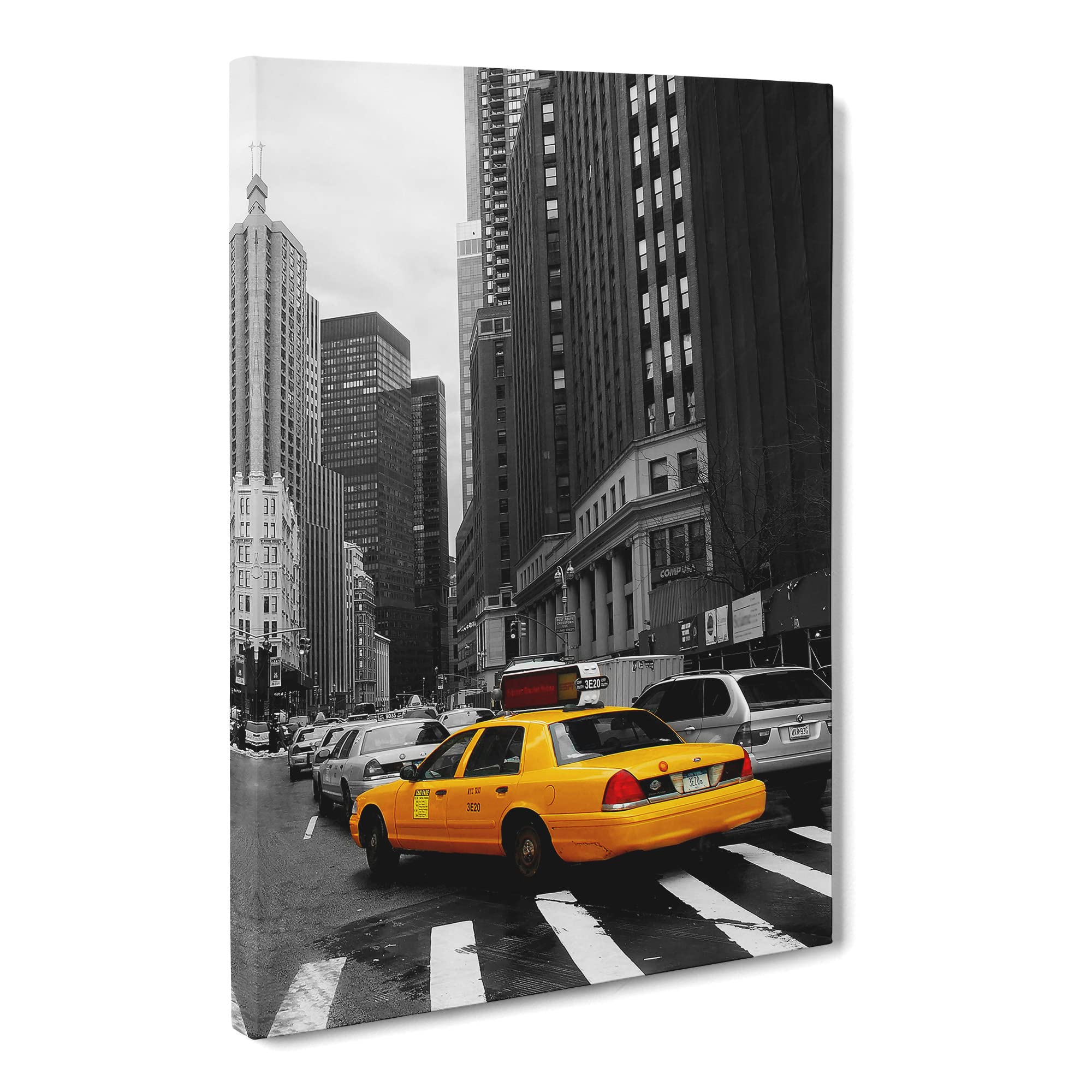 Yellow Taxi Cab New York City Canvas Print | Gallery Wrapped 30mm Frame Wall Art | 20x14 inches | Ready to Hang | Modern Cityscape Picture | Living Room Bedroom Lounge Office