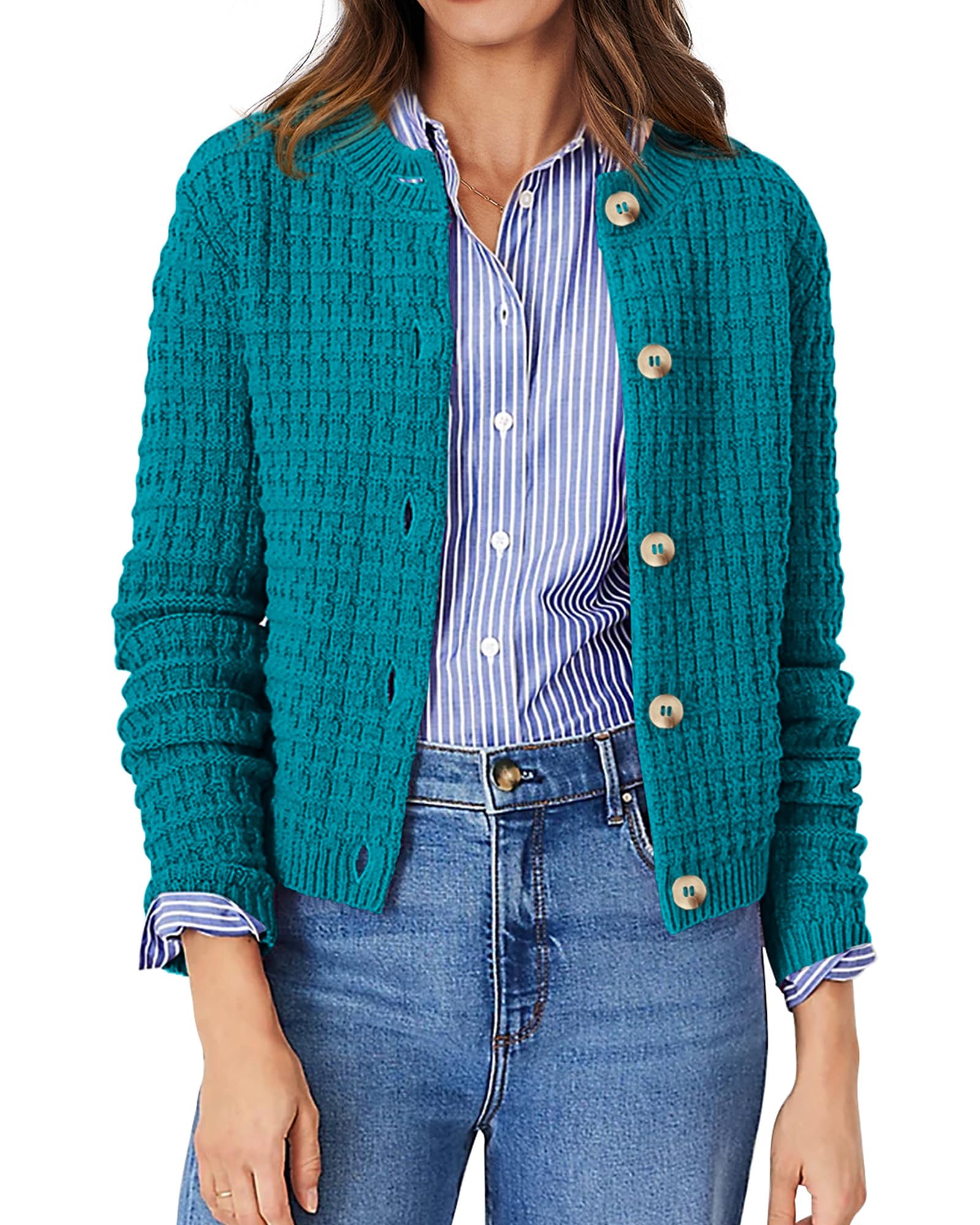 PRETTYGARDEN Women's Knit Cardigan Sweaters Casual Long Sleeve Open Front Button Down Trendy Jackets Outerwear (Peacock Blue,XX-Large) Image