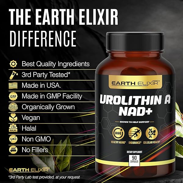 EARTH ELIXIR UROLITHIN A & NAD SUPPLEMENT (90 CAPSULES) 500MG OF UROLITHIN A+ AND NAD SUPPLEMENT ORGANIC – NICOTINAMIDE RIBOSIDE (NAD +) – UROLITHIN A SUPPLEMENT