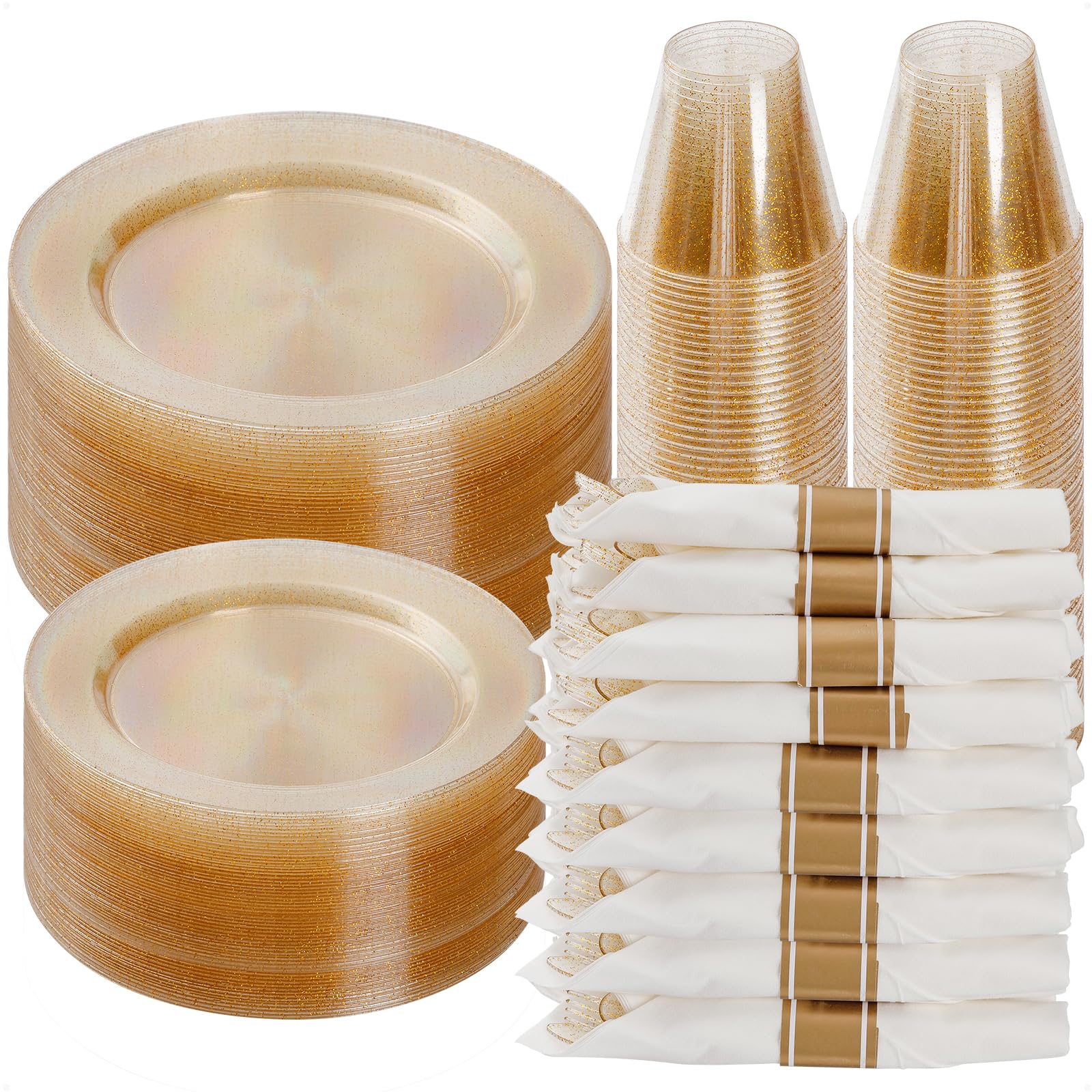 Photo 1 of Goodluck 350 Piece Gold Glitter Plastic Dinnerware Set for 50 Guests, Disposable Plates for Party, Include: 50 Dinner Plates, 50 Dessert Plates, 50 Rolled Napkins with Silverware, 50 Cups