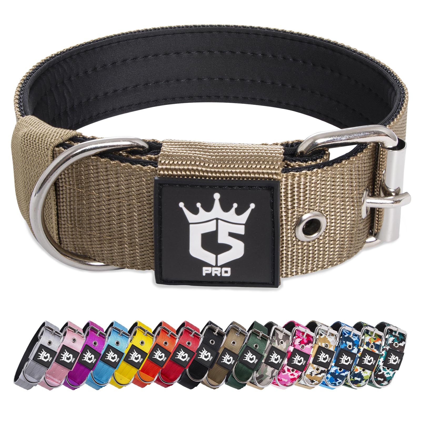 TSPRO Heavy Duty Tactical Dog Collar 1.5" Wide, Padded Dog Collar with Metal Buckle, Adjustable for Walking Training Outdoor for Medium Large Dogs (Khaki, L)