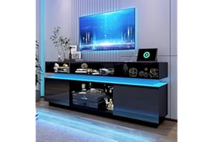chartustriable LED TV Stand for 80 Inch TV, Modern Tall Entertainment Center with Power Outlets, High Gloss TV Stand, Gaming TV Media Console with Glass Shelf for Living Room, 71 Inch, Black
