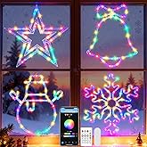 Smart Christmas Window Lights 4 Pack, RGB Silhouette Window Decorations with App and Remote Control – Star, Bell, Snowman and Snowflake, Waterproof Holiday Lights for Indoor Outdoor Use