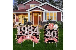PUYRUIV 2Pcs Rose Gold 40th Birthday Yard Sign Decoration with String Lights for Women,Happy 40th Birthday Made in 1984 Lawn Sign Party Supplies, Forty Year Old Birthday with Lights Yard Decor Stakes