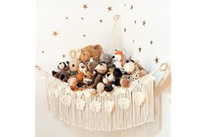 ANROYE Macrame Stuffed Animal Toy Net Hammock with Star Light, Small Plushies Boho Storage for Nursery, Corner Wall Hanging Organizer for Kid, Bohemian Woven Decor Display Holder for Girls Boy Gift