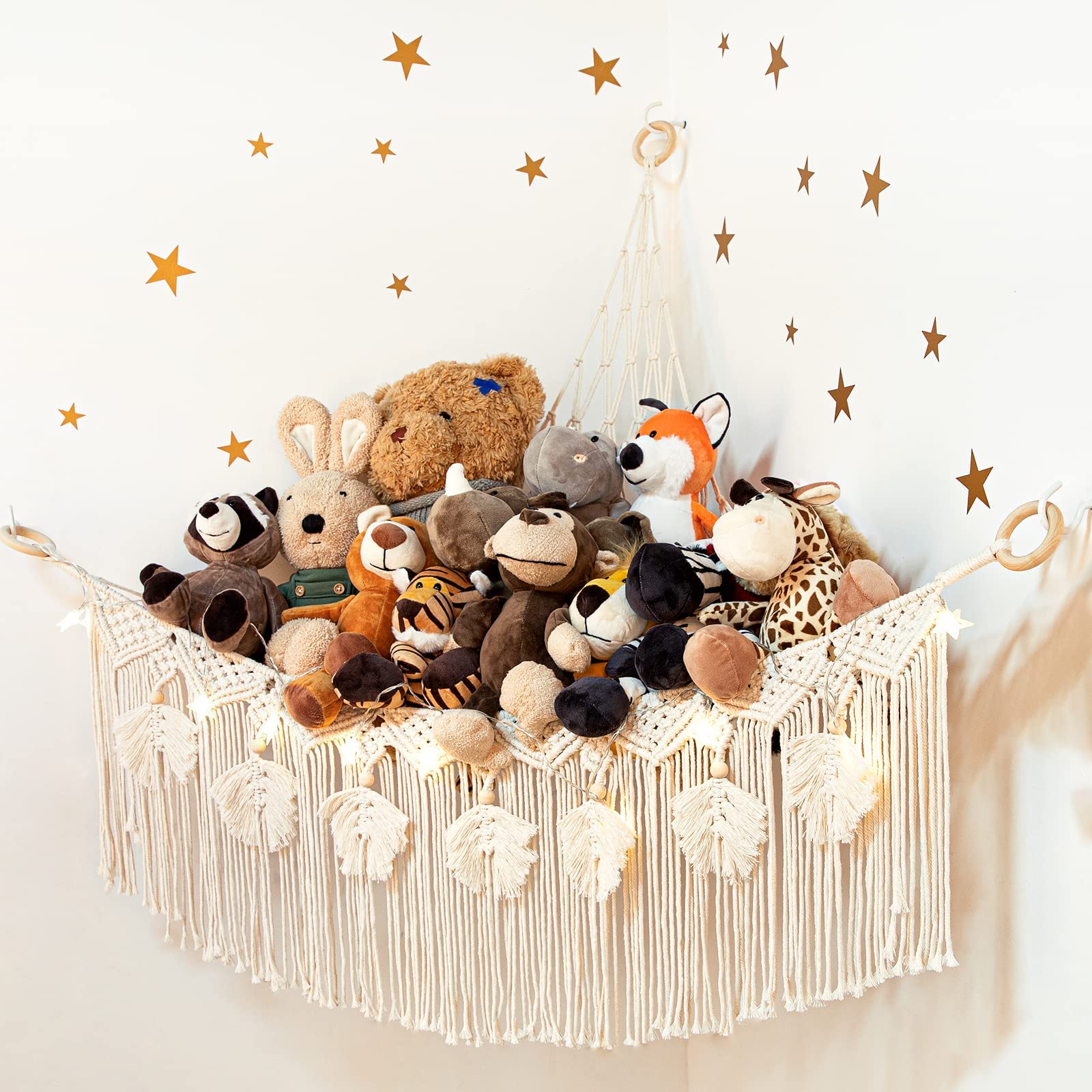Photo 1 of ANROYE Macrame Stuffed Animal Toy Net Hammock with Star Light, Small Plushies Boho Storage for Nursery, Corner Wall Hanging Organizer for Kid, Bohemian Woven Decor Display Holder for Girls Boy Gift