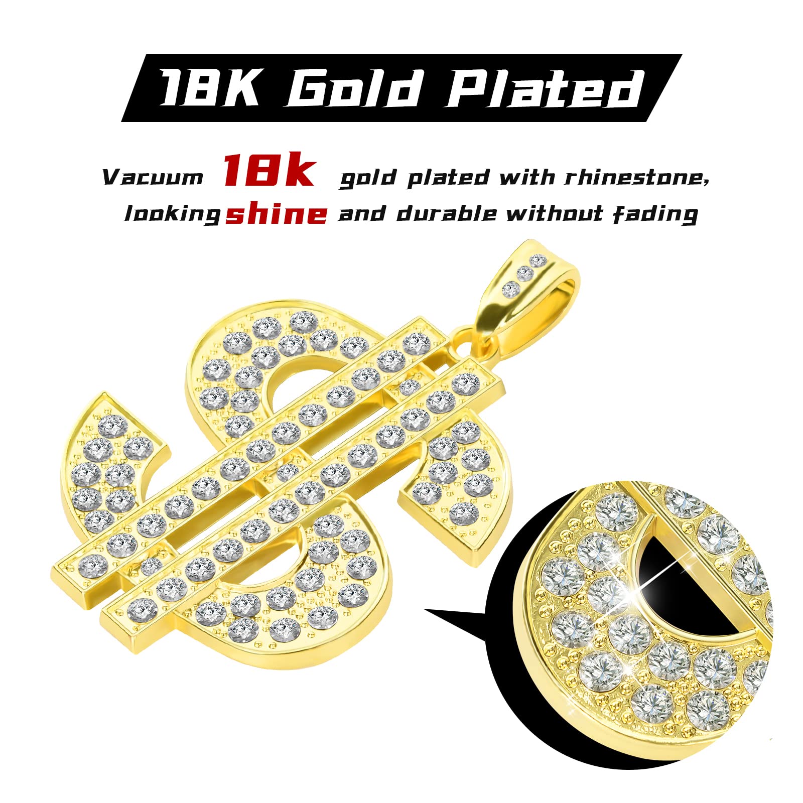 PinCute 18K Gold Plated Dollar Chain Necklace, Fake Gold Chain for Men, Dollar Sign Hip Hop Chain Necklace Pendant for Men and Women