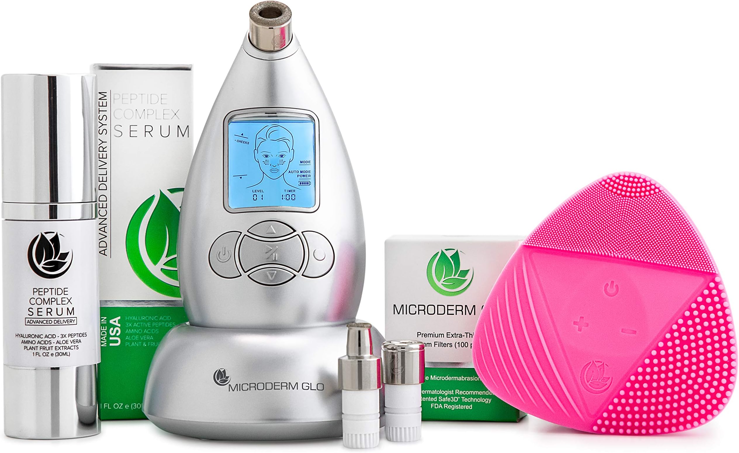 Microderm GLO Complete Skincare Package Includes Diamond Microdermabrasion System, Premium, Fine, Massage Tips, 10mm Filters 100 pack, Peptide Complex Serum & Sonic Facial Cleansing Brush (Silver)