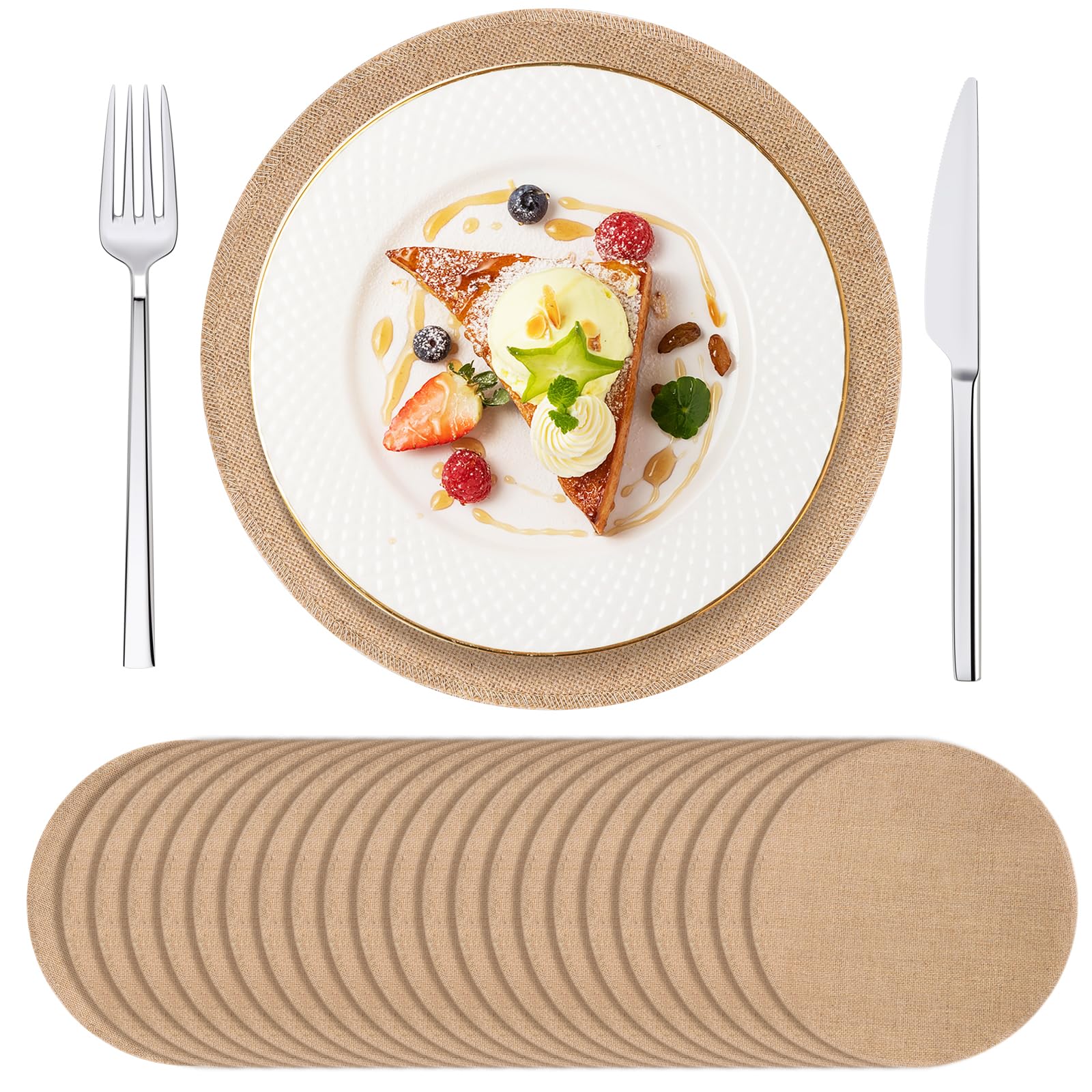 Photo 1 of 24 Pack Round Burlap Placemats, 11.8? Jute Rustic Table Placemats Bulk for Charger Plates, Burlap Circle Table Mats for Dining Table, Brown Charger Place Mat for Wedding Dinner Holiday Farmhouse Decor