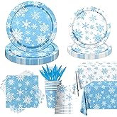 142Pcs Winter Snowflake Paper Plates and Napkins Sets with Cups and Tablecloths Blue and White Winter Wonderland Party Decorations Christmas Party Decorations for Winter Christmas New Year Birthday