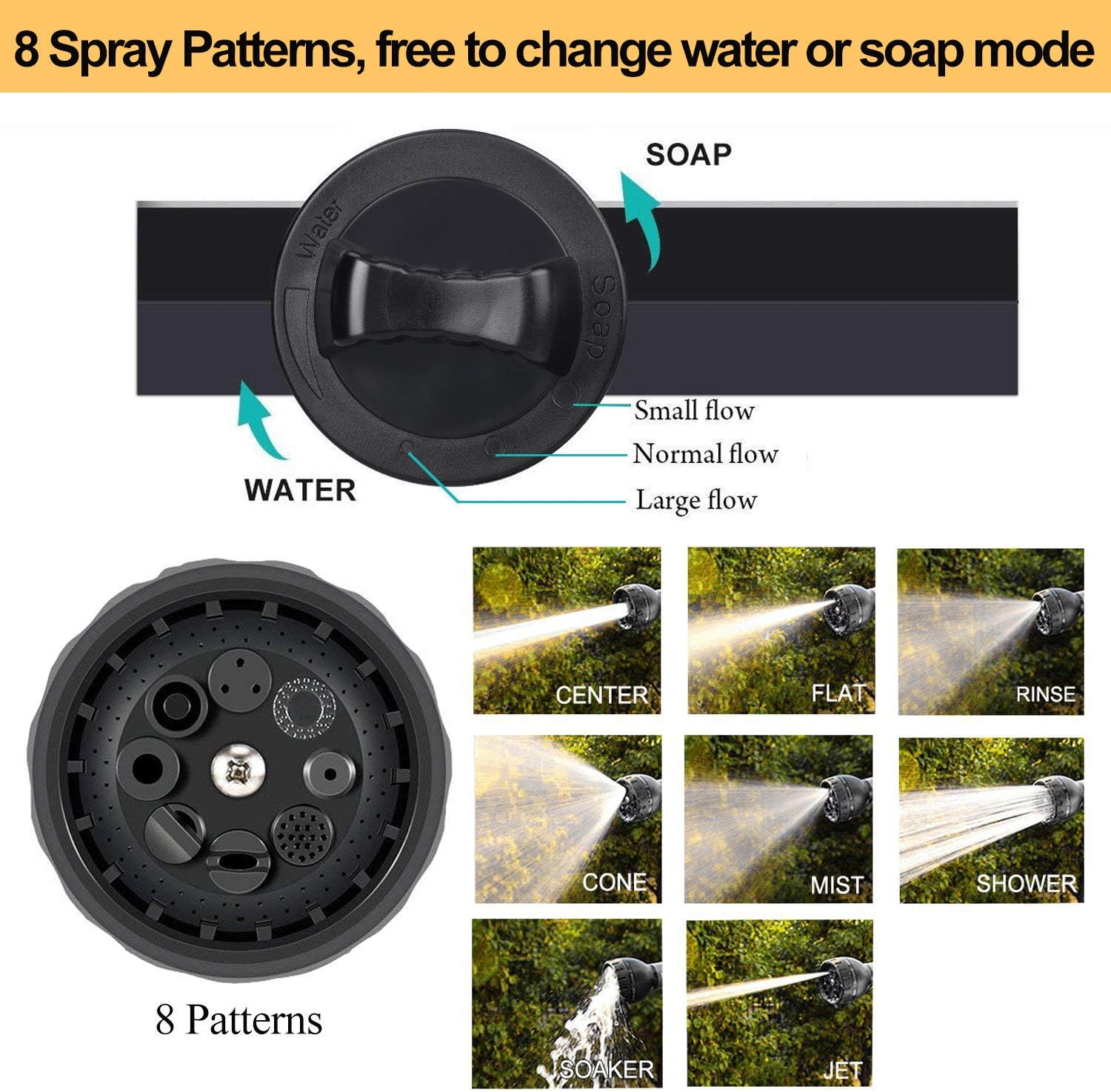 Garden Hose Nozzle, High Pressure Hose Spray Nozzle 8 Way Spray Pattern with 3.5oz/100cc Soap Dispenser Bottle Snow Foam Gun for Watering Plants, Lawn, Patio, Car Wash, Cleaning，Showering Pet : Garden & Outdoor