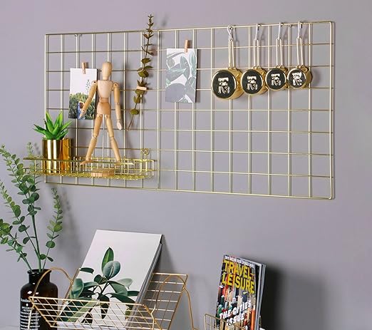 Buy Simmer Stone Gold Wall Grid Panel for Photo Hanging Display & Wall Decoration Organizer, Multi-Functional Wall Storage Display Grid, 10 Clips & 4 Nails Offered, Set of 1, Size 17.7"x37.4" Online