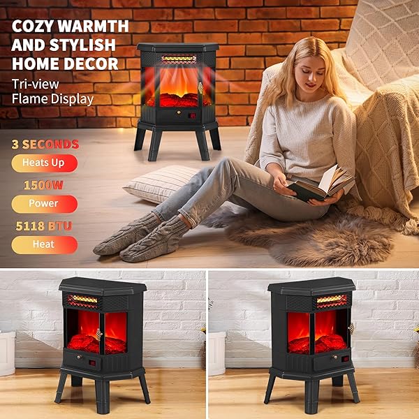 REALSMART ELECTRIC FIREPLACE HEATER 22 IN FREESTANDING FIREPLACE STOVE INFRARED FIREPLACE WITH 3D FLAME EFFECT REMOTE CONTROL, TIMER, OVERHEATING PROTECTION HEATER FOR INDOOR USE BROWN