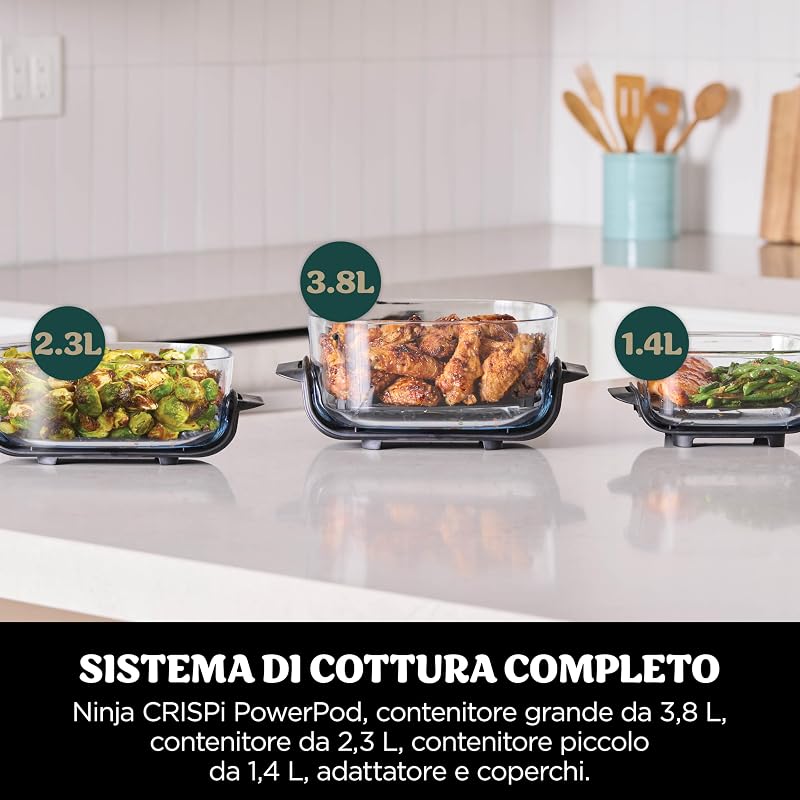CRISPi Friggitrice ad aria portatile 4 in 1, 3,8L / 2,3L / 1,4 L, : frigge, arrostisce, mantiene caldo, dora, compatta, 6 porzioni, 3 contenitori in vetro con coperchi, 1700 W, verde, FN103EUGN — foto 4 di 8