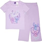 Disney Lilo & Stitch Girls 2-Piece Set - Short Sleeve Stitch and Angel Graphic Print T-Shirt and Flared Joggers Outfit for Kids (Lilac, Size 10/12)