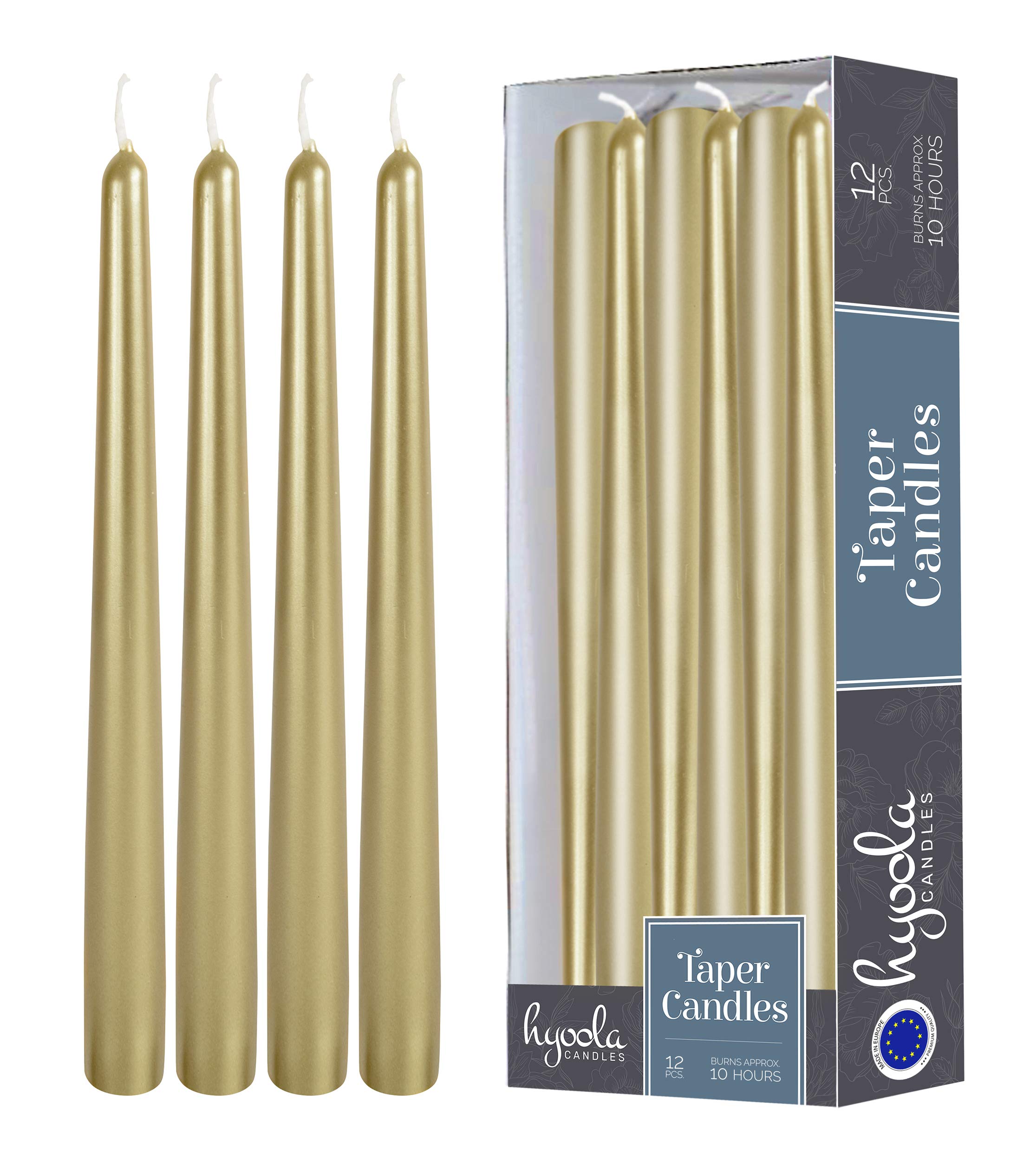 Hyoola Metallic Cream Gold Taper Candles - 300 mm (12 Inch) Unscented Dripless Taper Candles - 10 Hour Burn Time - 12 Pack