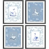 AEHIE Vintage Goose Wall Art Print, Blue Retro Flower Poster Prints Wall Decor, Cottagecore Rustic Cute Animals Wall Art Print for Kids Room Nursery Grandmillenial Home Decor, 4pcs 8x10inch