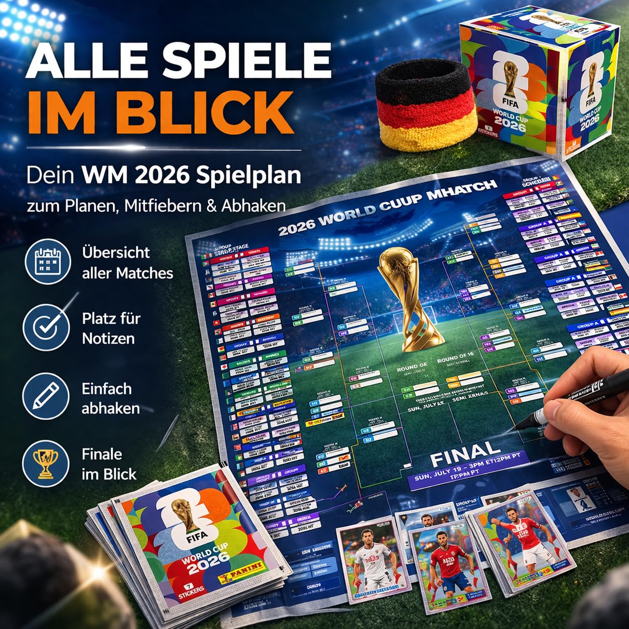 XXL Fan Starterset WM 2026 – Original Panini Sticker Album, Extra 1x Spielplan & Deutschland Blumenkette (50 Tüten / 350 Sticker Set) Eigenmarkenbundle 6