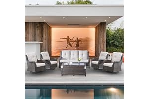 Belord Wicker Patio Furniture Sets - 8 Piece Outdoor Rattan Furniture Conversation Sets with 4 Swivel Rocker Chairs, Rattan Sofa, Wicker Ottomans and Coffee Table, Brown/Beige